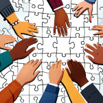 **Persona Creation Illustration:** A diverse group of people collaboratively building a large jigsaw puzzle representing a "Persona". The puzzle pieces have different characteristics and demographics written on them. Style: Clean, modern vector illustration.