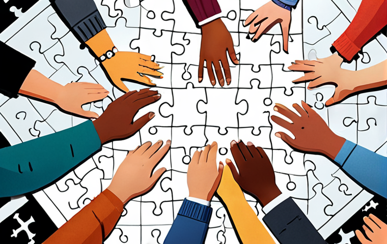 **Persona Creation Illustration:** A diverse group of people collaboratively building a large jigsaw puzzle representing a "Persona". The puzzle pieces have different characteristics and demographics written on them. Style: Clean, modern vector illustration.